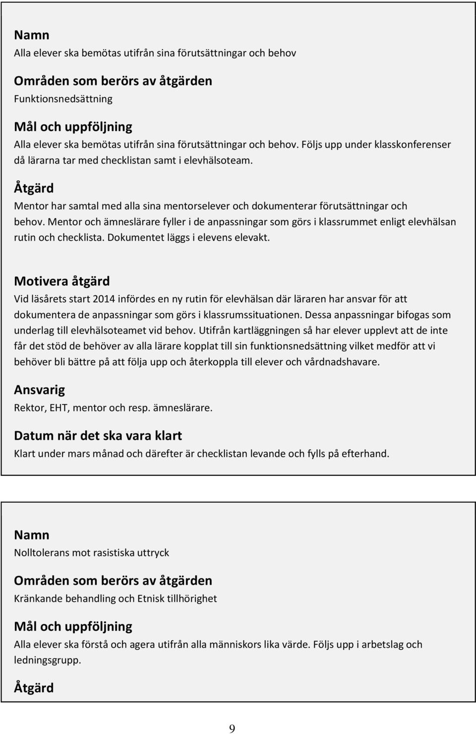 Mentor och ämneslärare fyller i de anpassningar som görs i klassrummet enligt elevhälsan rutin och checklista. Dokumentet läggs i elevens elevakt.