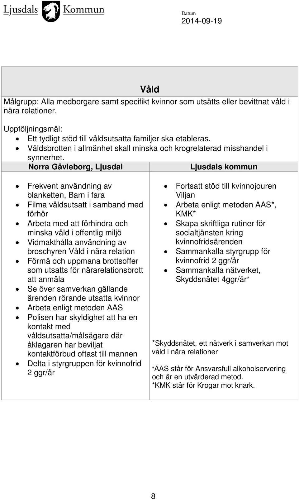 Norra Gävleborg, Ljusdal Ljusdals kommun Frekvent användning av blanketten, Barn i fara Filma våldsutsatt i samband med förhör Arbeta med att förhindra och minska våld i offentlig miljö Vidmakthålla