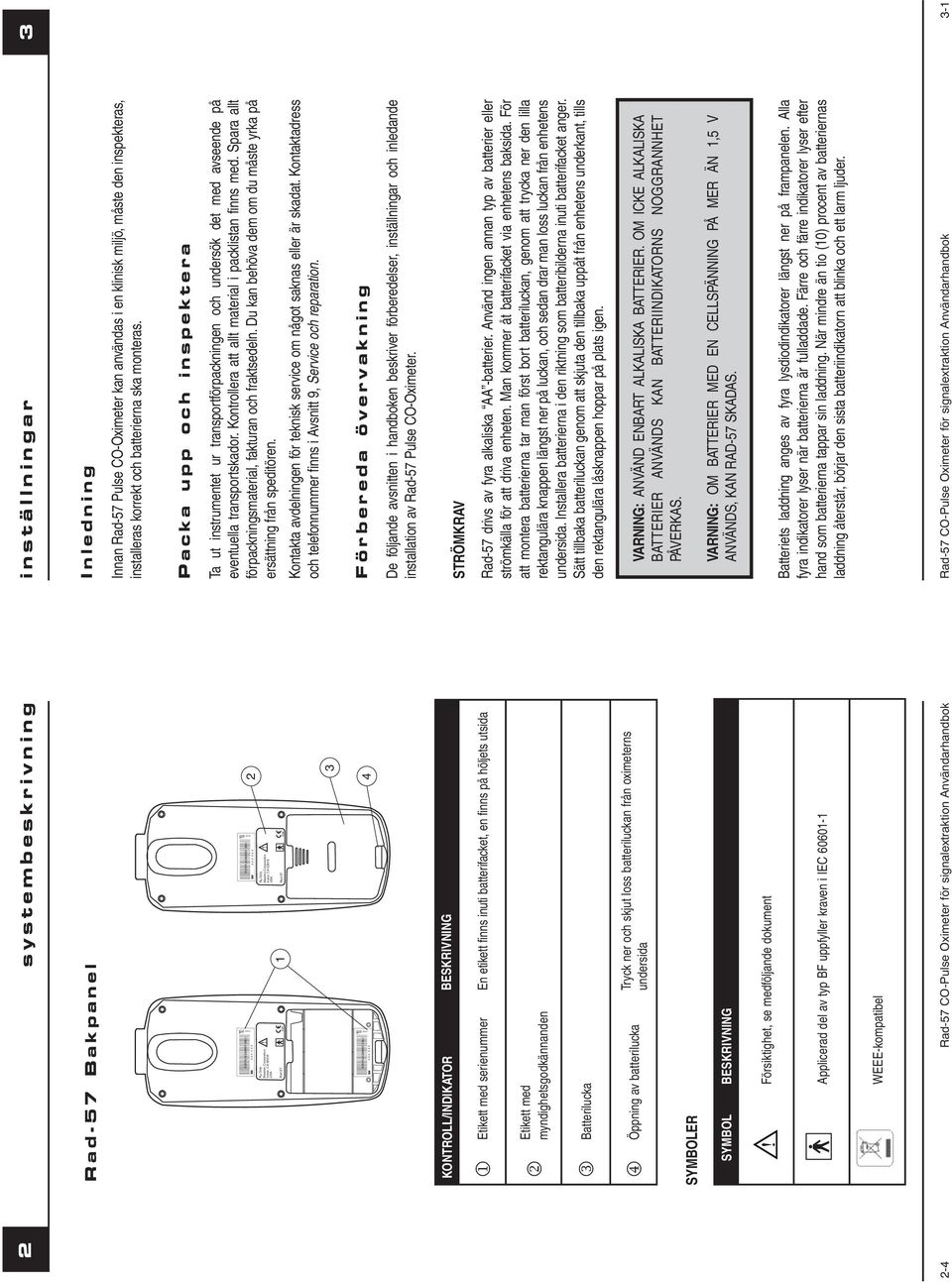 med myndighetsgodkännanden 3 Batterilucka 4 Öppning av batterilucka Tryck ner och skjut loss batteriluckan från oximeterns undersida SYMBOLER SYMBOL BESKRIVNING Försiktighet, se medföljande dokument