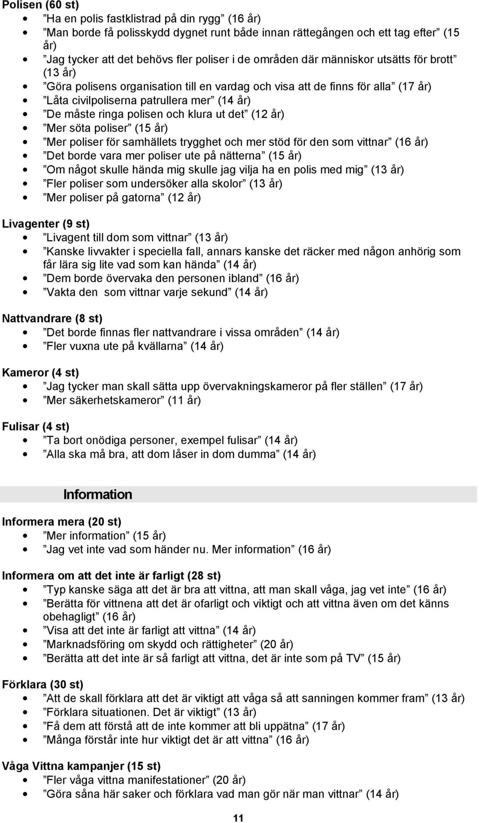 (12 år) Mer söta poliser (15 år) Mer poliser för samhällets trygghet och mer stöd för den som vittnar (16 år) Det borde vara mer poliser ute på nätterna (15 år) Om något skulle hända mig skulle jag