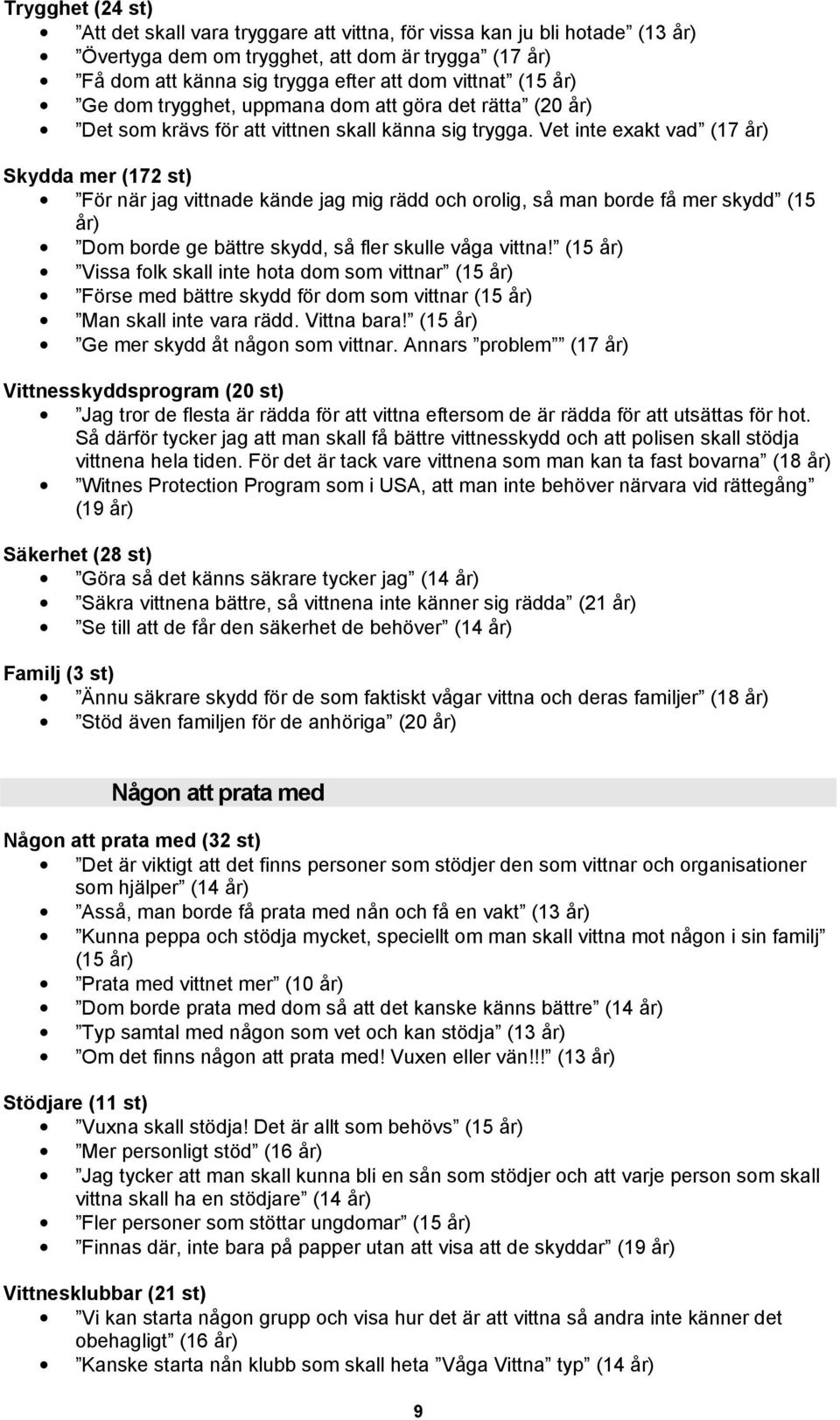 Vet inte exakt vad (17 år) Skydda mer (172 st) För när jag vittnade kände jag mig rädd och orolig, så man borde få mer skydd (15 år) Dom borde ge bättre skydd, så fler skulle våga vittna!