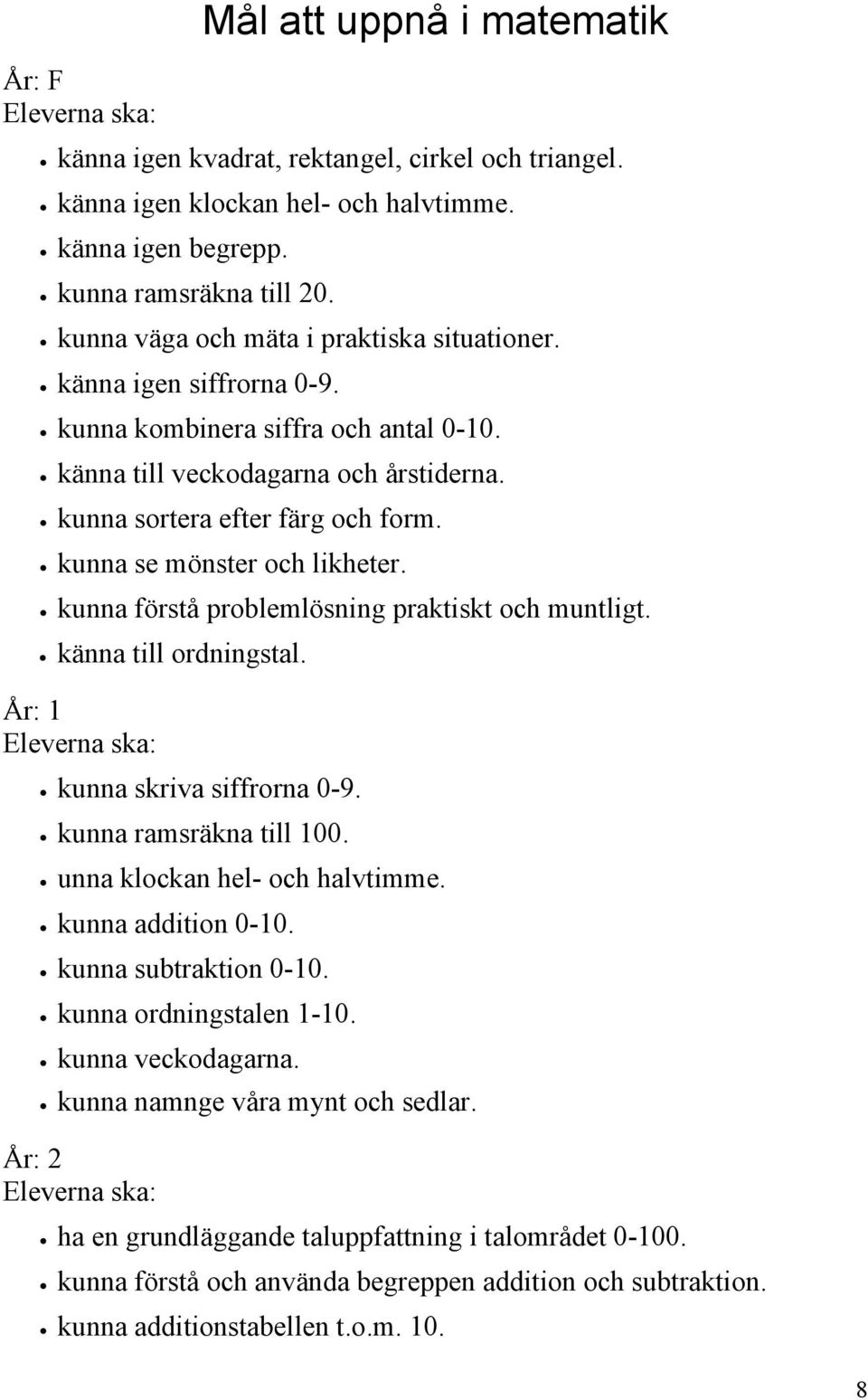 kunna se mönster och likheter. kunna förstå problemlösning praktiskt och muntligt. känna till ordningstal. År: 1 kunna skriva siffrorna 0-9. kunna ramsräkna till 100. unna klockan hel- och halvtimme.