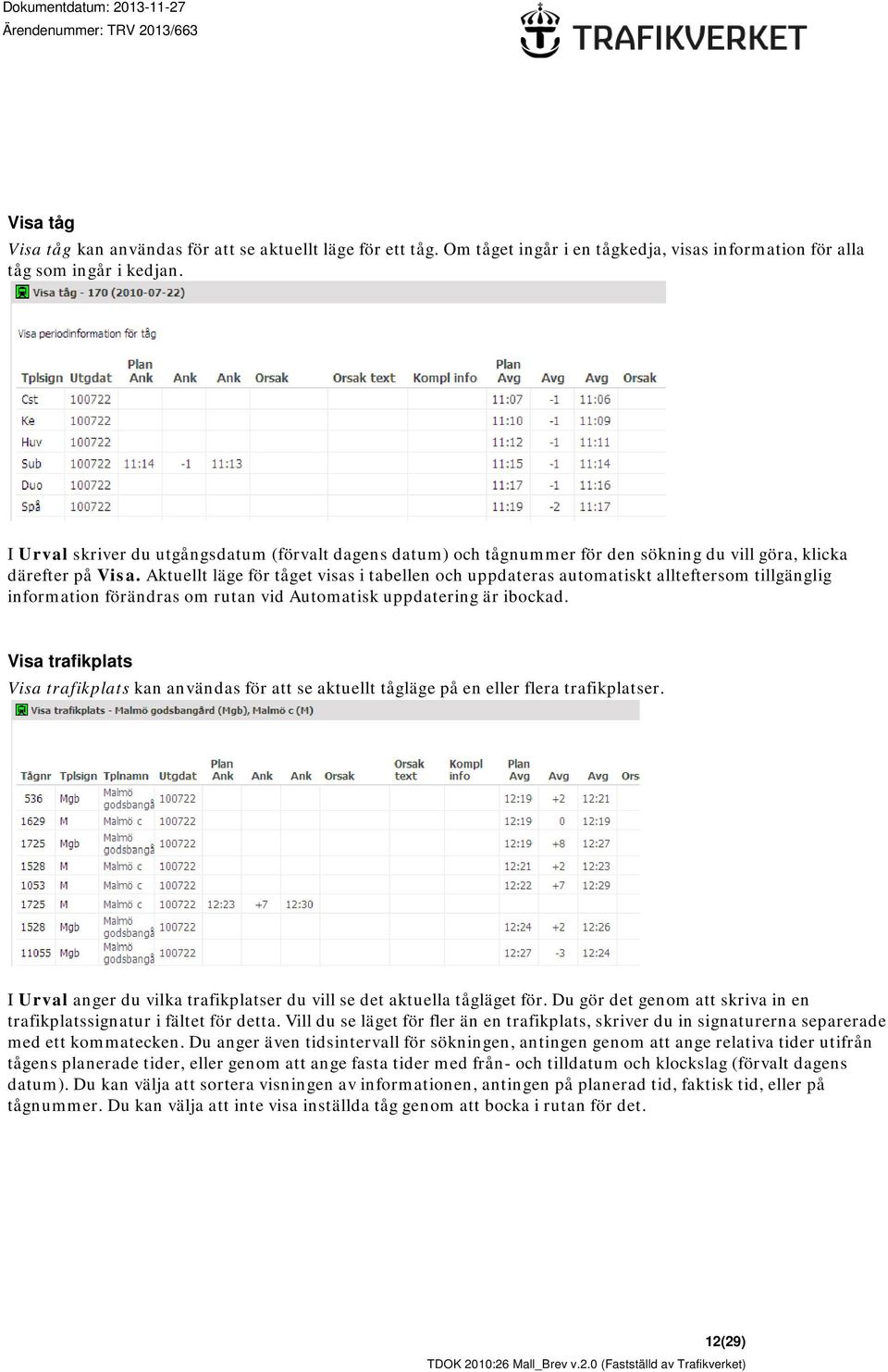 Aktuellt läge för tåget visas i tabellen och uppdateras automatiskt allteftersom tillgänglig information förändras om rutan vid Automatisk uppdatering är ibockad.