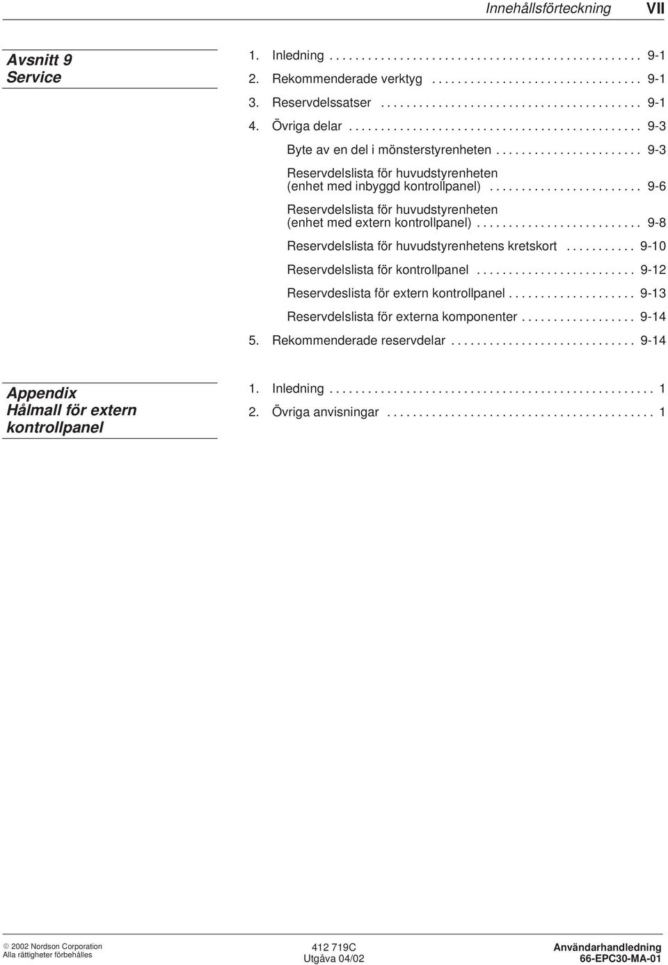 ....................... 9-6 Reservdelslista för huvudstyrenheten (enhet med extern kontrollpanel).......................... 9-8 Reservdelslista för huvudstyrenhetens kretskort.
