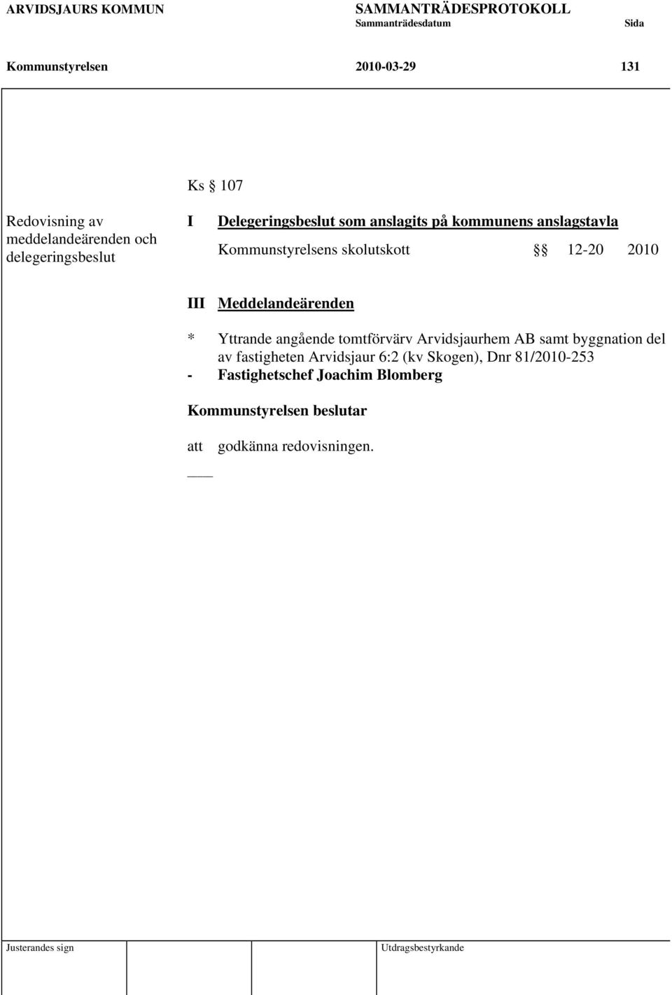 12-20 2010 III Meddelandeärenden * Yttrande angående tomtförvärv Arvidsjaurhem AB samt byggnation del av fastigheten Arvidsjaur 6:2