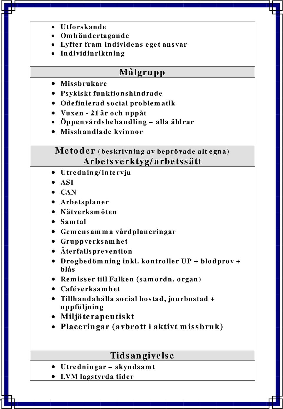 vårdplaneringar Gruppverksamhet Återfallsprevention Drogbedömning inkl. kontroller UP + blodprov + blås Remisser till Falken (samordn.