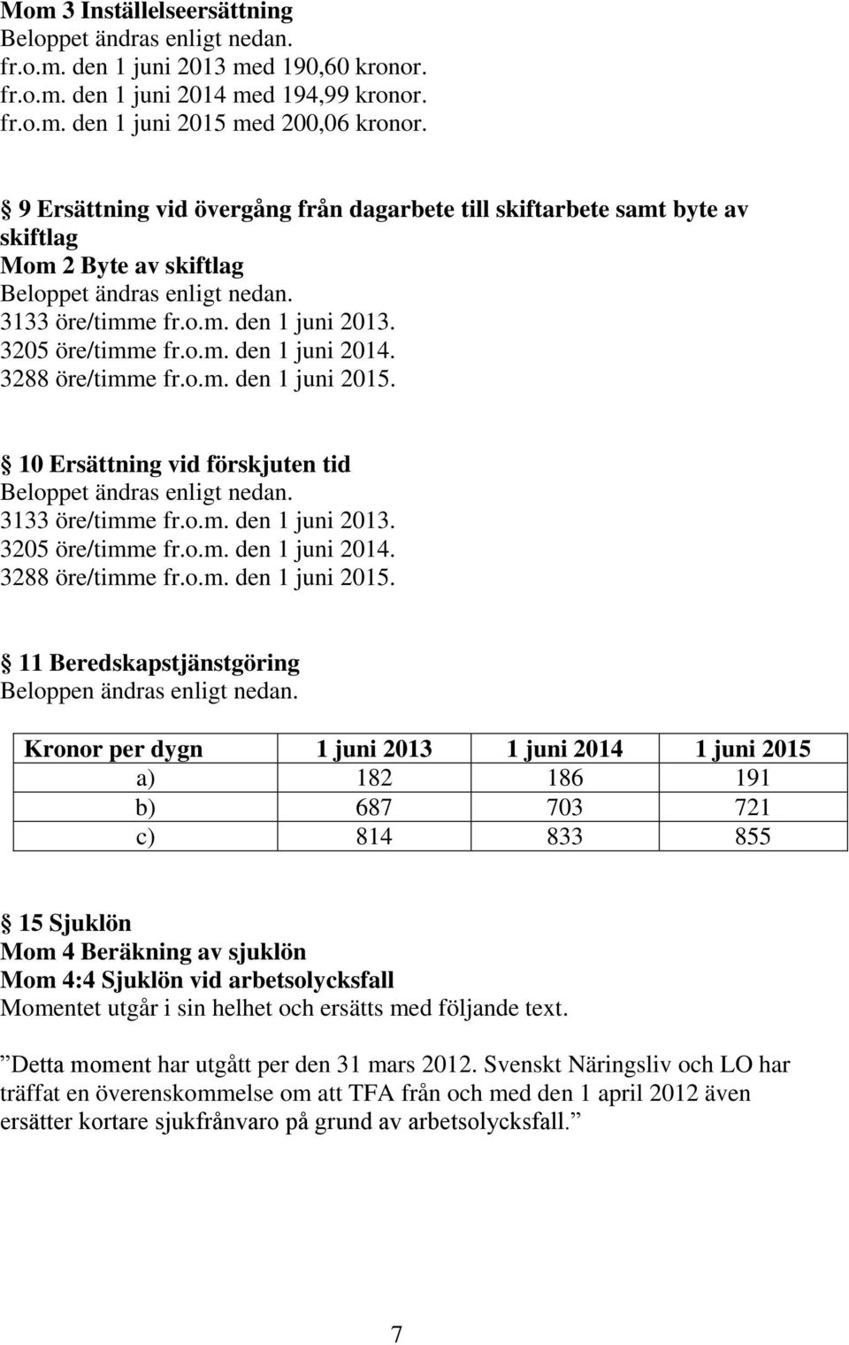 3288 öre/timme fr.o.m. den 1 juni 2015. 10 Ersättning vid förskjuten tid Beloppet ändras enligt nedan. 3133 öre/timme fr.o.m. den 1 juni 2013. 3205 öre/timme fr.o.m. den 1 juni 2014.
