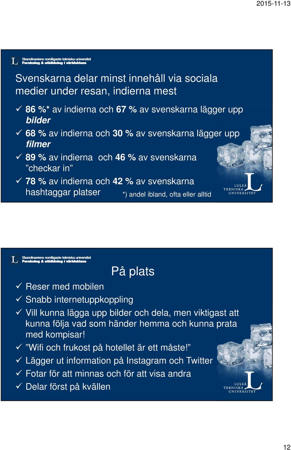 alltid På plats Reser med mobilen Snabb internetuppkoppling Vill kunna lägga upp bilder och dela, men viktigast att kunna följa vad som händer hemma och kunna prata