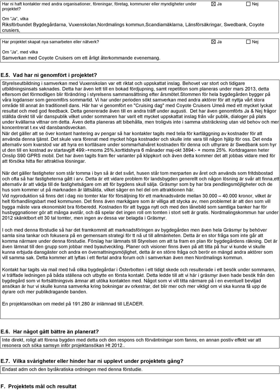 Ja Om Ja, med vilka Samverkan med Coyote Cruisers om ett årligt återkommande evenemang. E.5. Vad har ni genomfört i projektet?