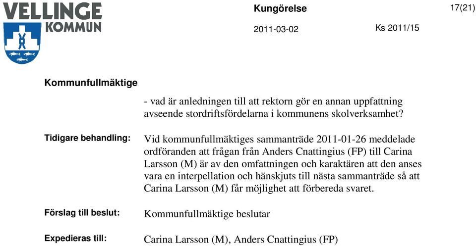 Vid kommunfullmäktiges sammanträde 2011-01-26 meddelade ordföranden att frågan från Anders Cnattingius (FP) till Carina Larsson (M) är