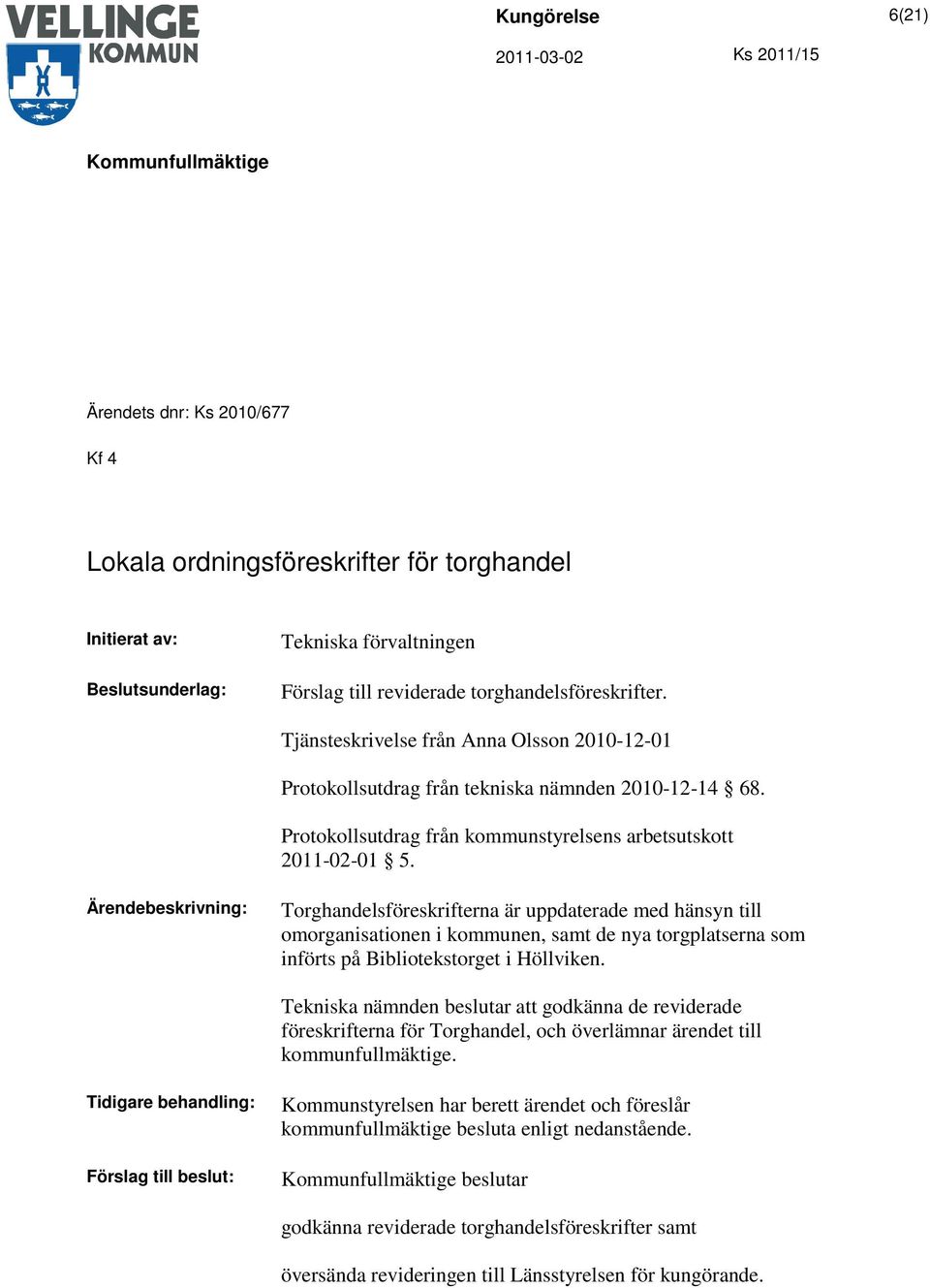 Ärendebeskrivning: Torghandelsföreskrifterna är uppdaterade med hänsyn till omorganisationen i kommunen, samt de nya torgplatserna som införts på Bibliotekstorget i Höllviken.