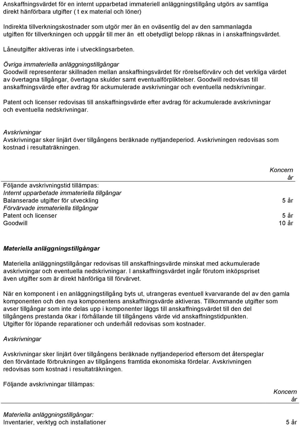 Övriga immateriella anläggningstillgångar Goodwill representerar skillnaden mellan anskaffningsvärdet för rörelseförvärv och det verkliga värdet av övertagna tillgångar, övertagna skulder samt