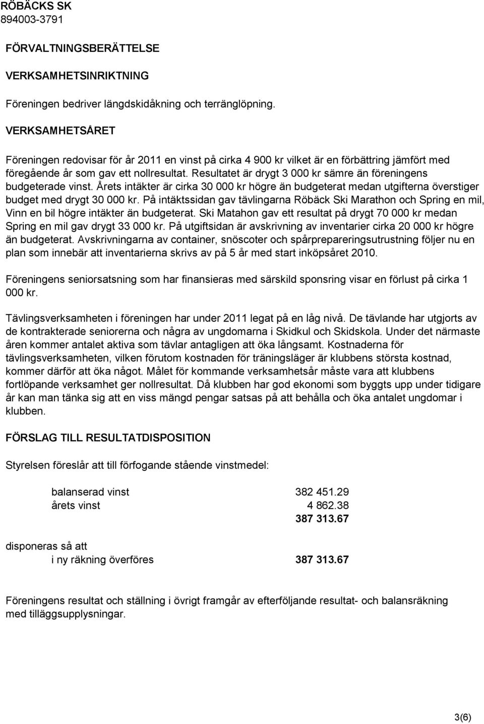 Resultatet är drygt 3 000 kr sämre än föreningens budgeterade vinst. Årets intäkter är cirka 30 000 kr högre än budgeterat medan utgifterna överstiger budget med drygt 30 000 kr.