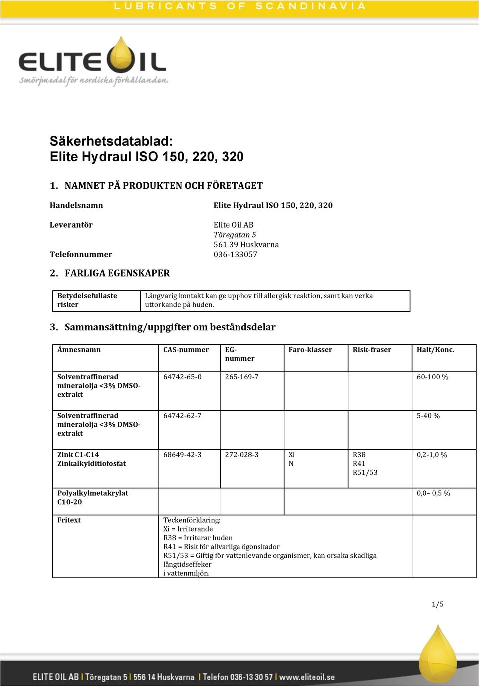 FARLIGA EGENSKAPER Betydelsefullaste risker Långvarig kontakt kan ge upphov till allergisk reaktion, samt kan verka uttorkande på huden. 3.