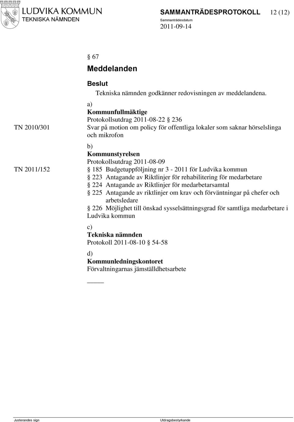 Budgetuppföljning nr 3-2011 för Ludvika kommun 223 Antagande av Riktlinjer för rehabilitering för medarbetare 224 Antagande av Riktlinjer för medarbetarsamtal 225 Antagande av riktlinjer