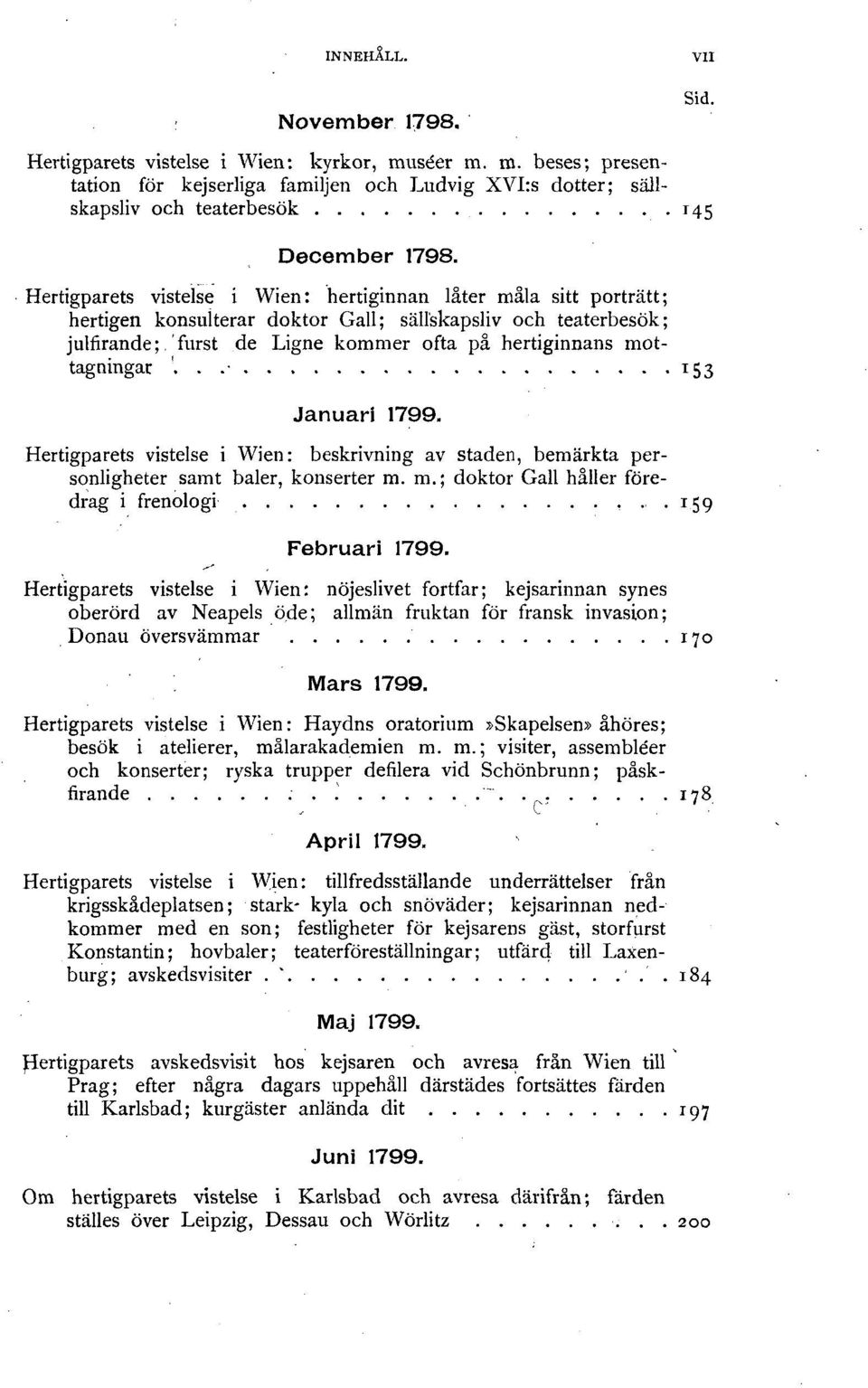 '... 153 Januari 1799. Hertigparets vistelse i Wien: beskrivning av staden, bemärkta personligheter samt baler, konserter m. m.; doktor Gäll håller föredrag i frenologi 159 Februari 1799.