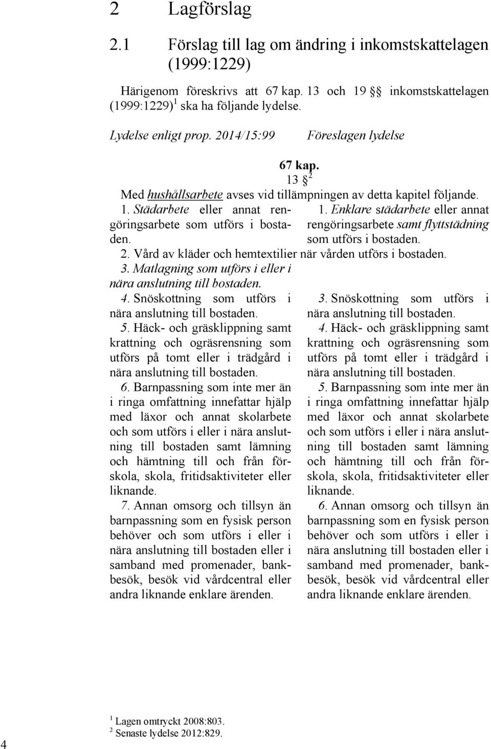 2. Vård av kläder och hemtextilier när vården utförs i bostaden. 3. Matlagning som utförs i eller i nära anslutning till bostaden. 4. Snöskottning som utförs i nära anslutning till bostaden. 5.