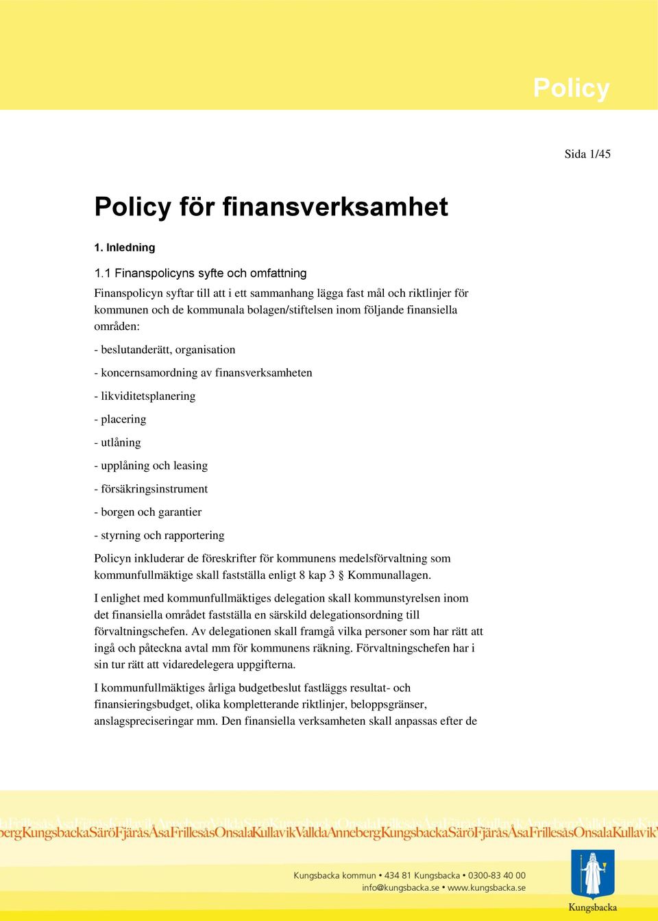 - beslutanderätt, organisation - koncernsamordning av finansverksamheten - likviditetsplanering - placering - utlåning - upplåning och leasing - försäkringsinstrument - borgen och garantier -