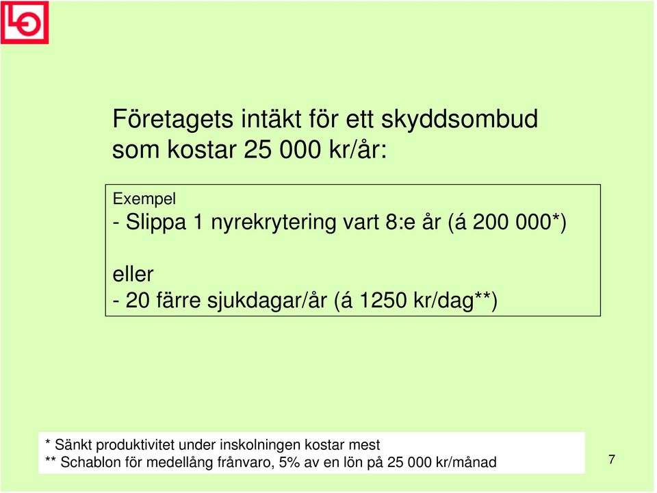 kr/dag**) * Sänkt produktivitet under inskolningen kostar mest ** Schablon för