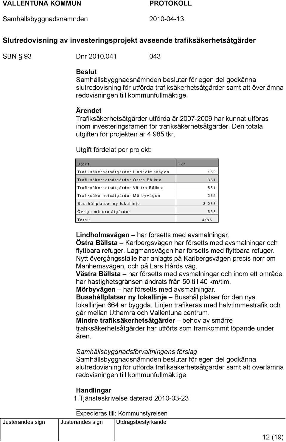 Ärendet Trafiksäkerhetsåtgärder utförda år 2007-2009 har kunnat utföras inom investeringsramen för trafiksäkerhetsåtgärder. Den totala utgiften för projekten är 4 985 tkr.