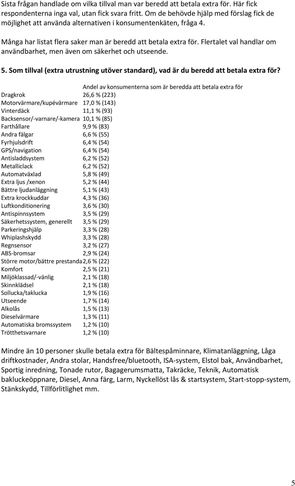 Flertalet val handlar om användbarhet, men även om säkerhet och utseende. 5. Som tillval (extra utrustning utöver standard), vad är du beredd att betala extra för?