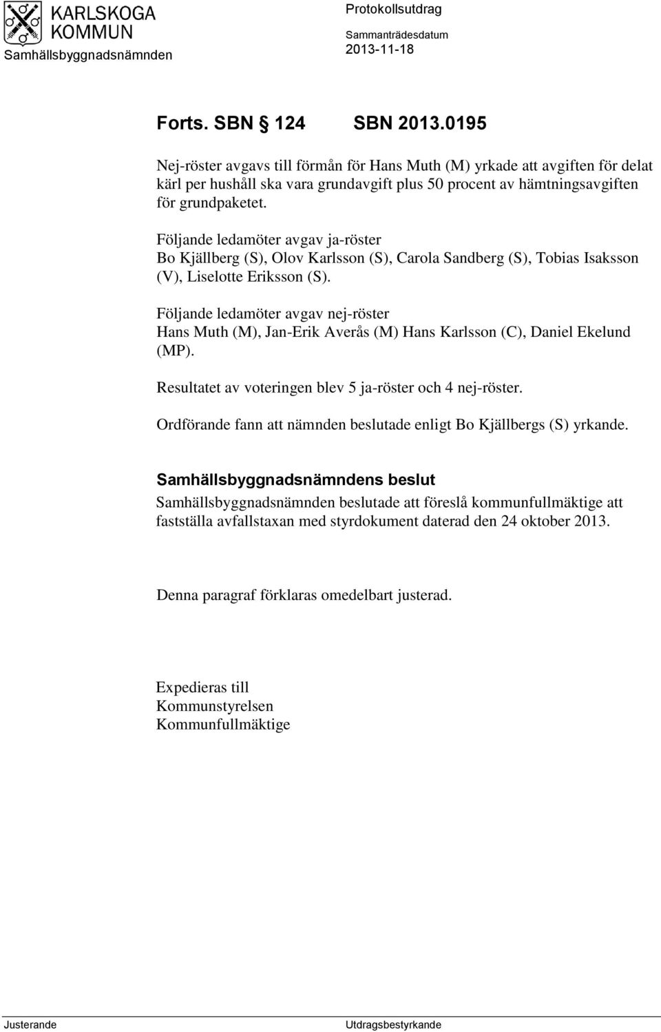 Följande ledamöter avgav ja-röster Bo Kjällberg (S), Olov Karlsson (S), Carola Sandberg (S), Tobias Isaksson (V), Liselotte Eriksson (S).