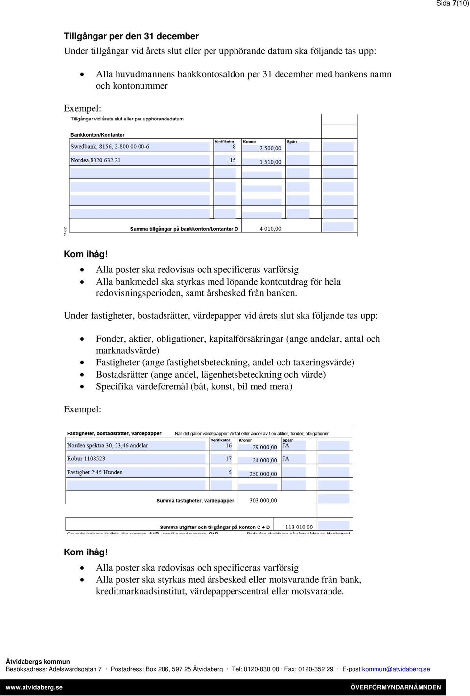 Under fastigheter, bostadsrätter, värdepapper vid årets slut ska följande tas upp: Fonder, aktier, obligationer, kapitalförsäkringar (ange andelar, antal och marknadsvärde) Fastigheter (ange