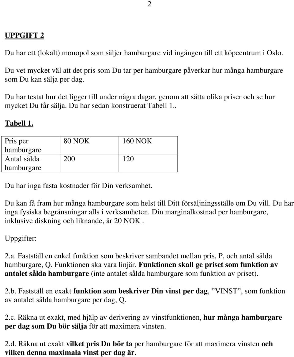 Du har testat hur det ligger till under några dagar, genom att sätta olika priser och se hur mycket Du får sälja. Du har sedan konstruerat Taell 1.