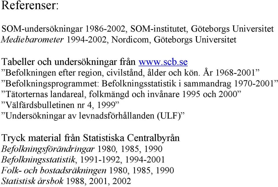 År 1968-21 Befolkningsprogrammet: Befolkningsstatistik i sammandrag 197-21 Tätorternas landareal, folkmängd och invånare 1995 och 2 Välfärdsbulletinen nr 4,