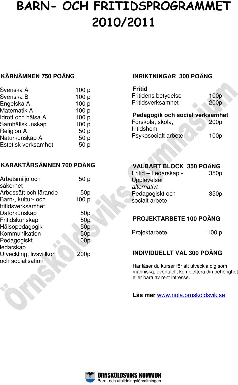 lärande Barn-, kultur- och fritidsverksamhet Datorkunskap Fritidskunskap Hälsopedagogik Kommunikation Pedagogiskt ledarskap Utveckling, livsvillkor och socialisation 100p VALBART BLOCK 350 POÄNG