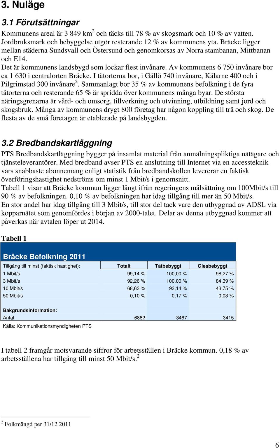 Av kommunens 6 750 invånare bor ca 1 630 i centralorten Bräcke. I tätorterna bor, i Gällö 740 invånare, Kälarne 400 och i Pilgrimstad 300 invånare 2.