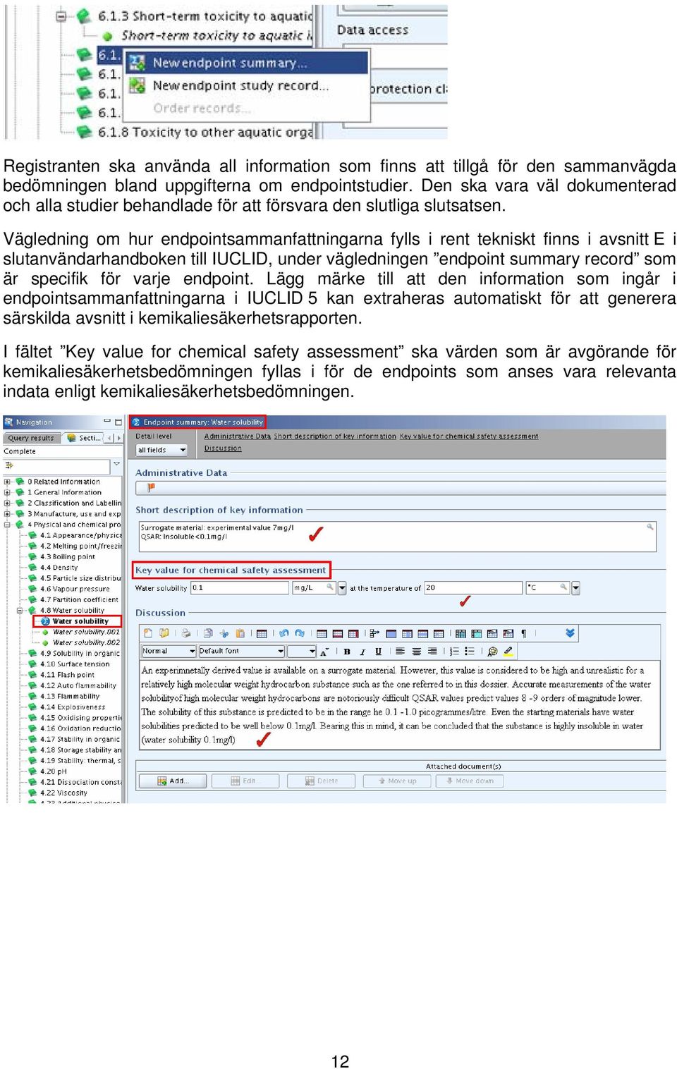 Vägledning om hur endpointsammanfattningarna fylls i rent tekniskt finns i avsnitt E i slutanvändarhandboken till IUCLID, under vägledningen endpoint summary record som är specifik för varje endpoint.