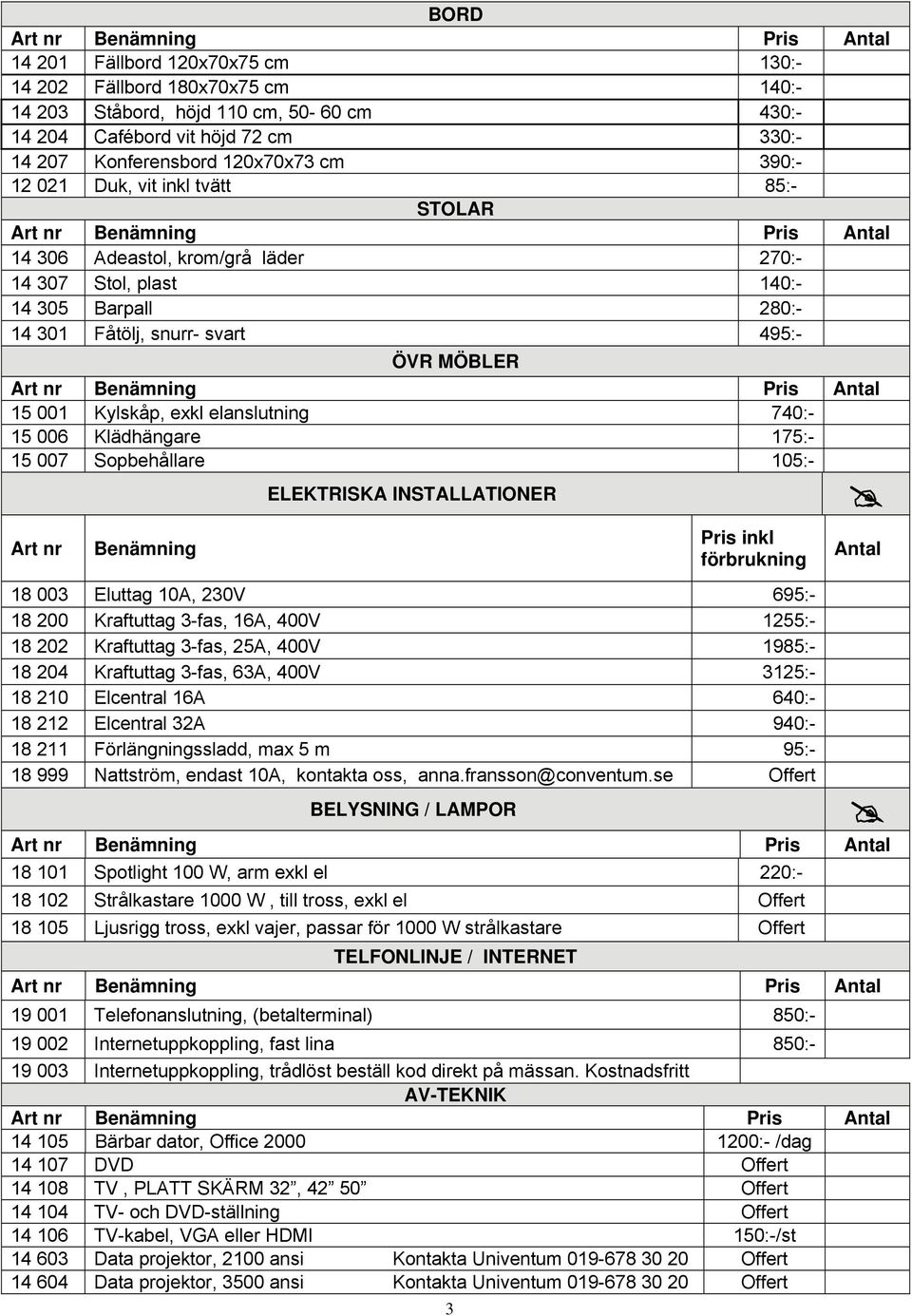 740:- 15 006 Klädhängare 175:- 15 007 Sopbehållare 105:- Art nr Benämning ELEKTRISKA INSTALLATIONER 3 Pris inkl förbrukning 18 003 Eluttag 10A, 230V 695:- 18 200 Kraftuttag 3-fas, 16A, 400V 1255:- 18