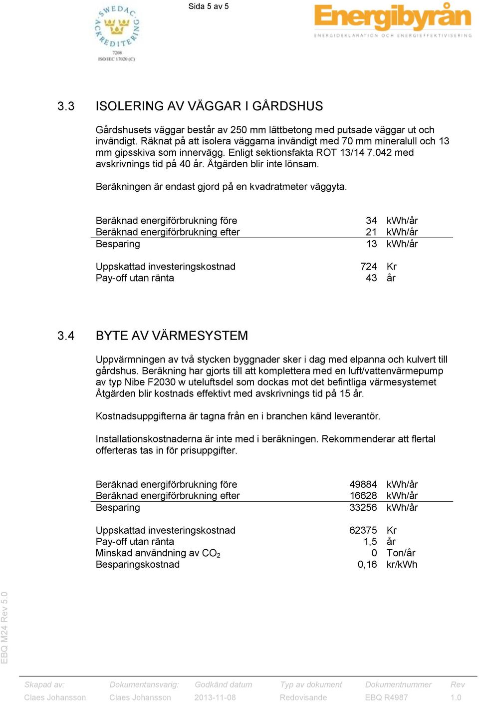 Beräkningen är endast gjord på en kvadratmeter väggyta. 34 kwh/år 21 kwh/år 13 kwh/år 724 Kr 43 år 3.