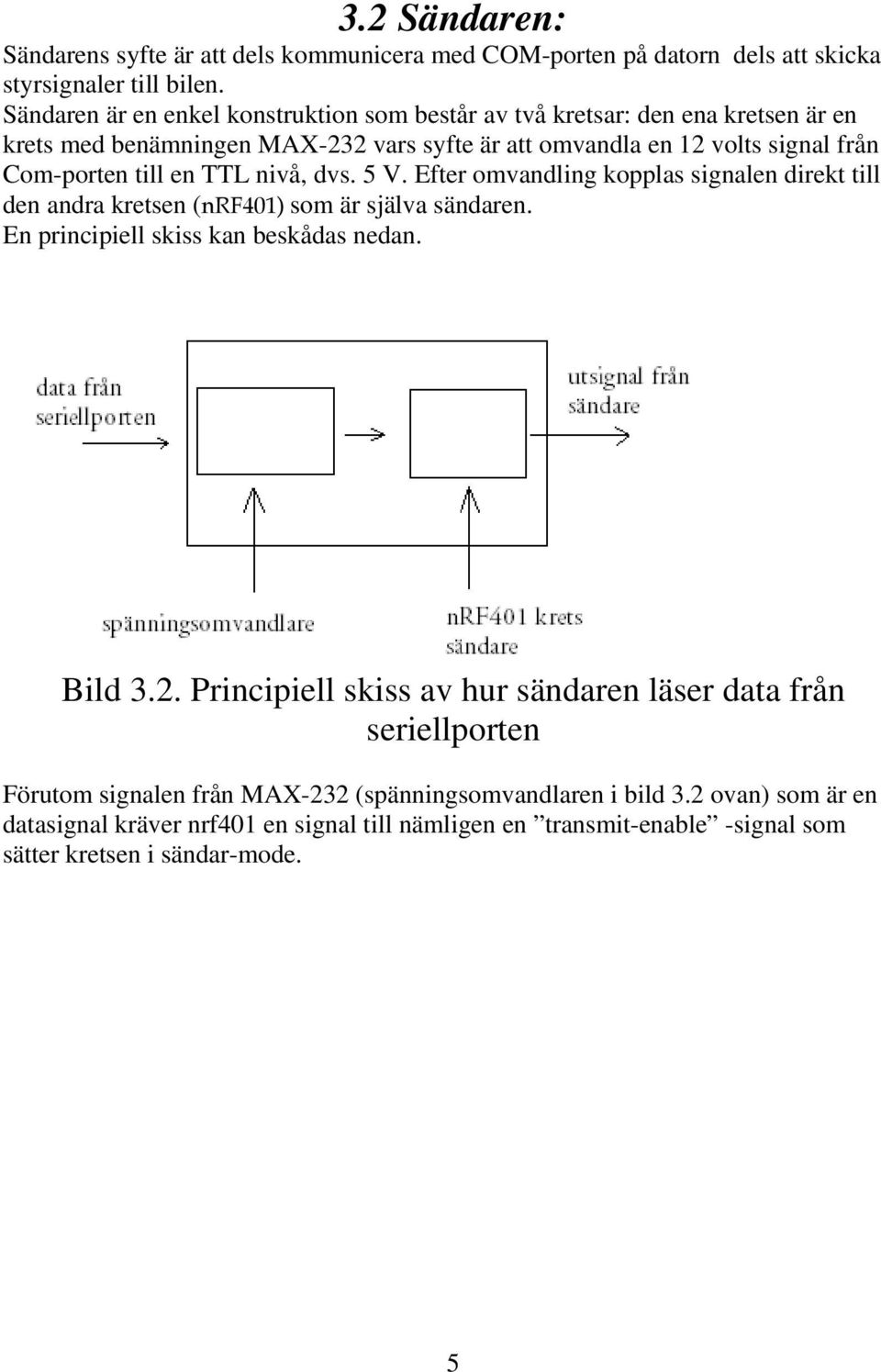 en TTL nivå, dvs. 5 V. Efter omvandling kopplas signalen direkt till den andra kretsen (nrf401) som är själva sändaren. En principiell skiss kan beskådas nedan. Bild 3.2.