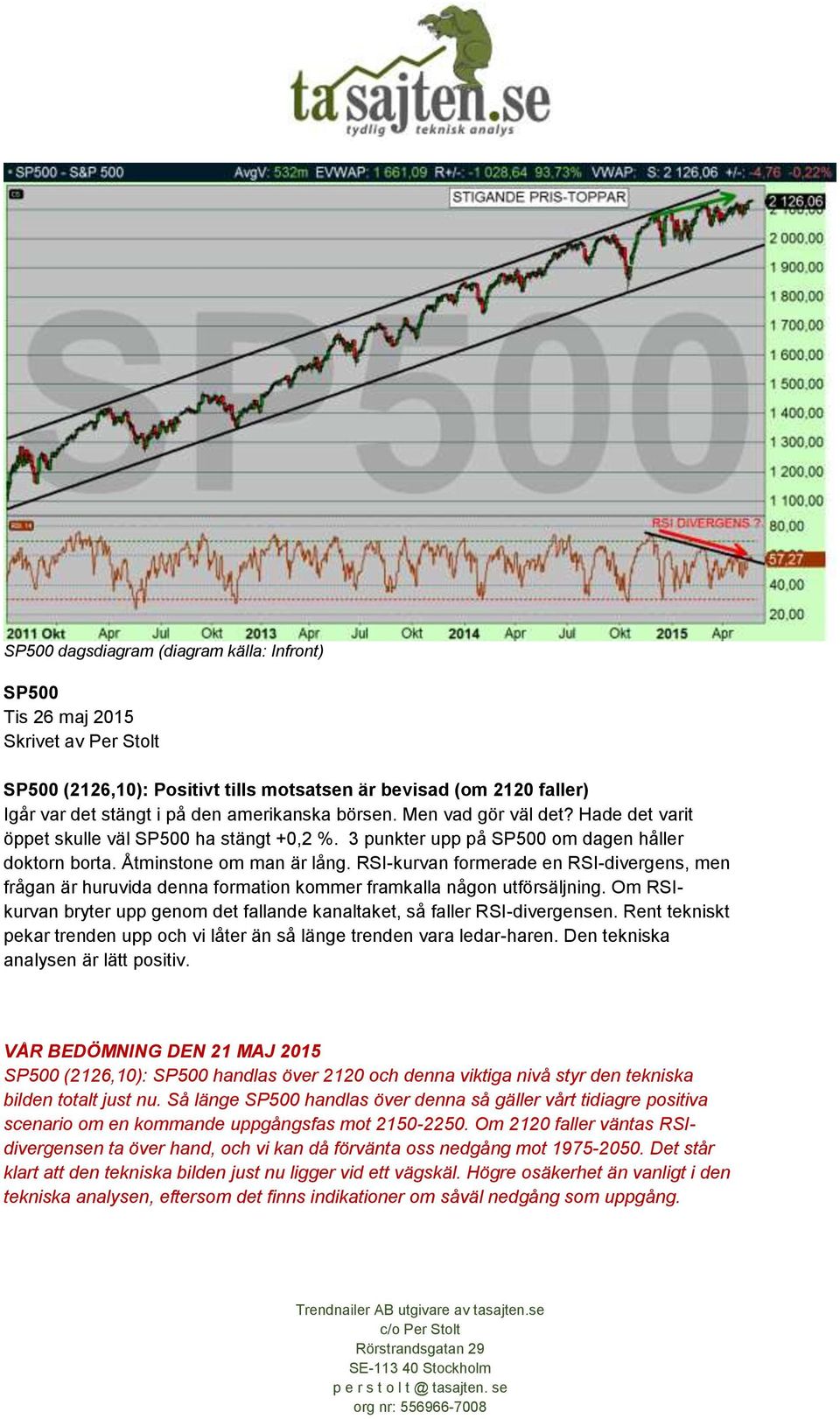 RSI-kurvan formerade en RSI-divergens, men frågan är huruvida denna formation kommer framkalla någon utförsäljning. Om RSIkurvan bryter upp genom det fallande kanaltaket, så faller RSI-divergensen.