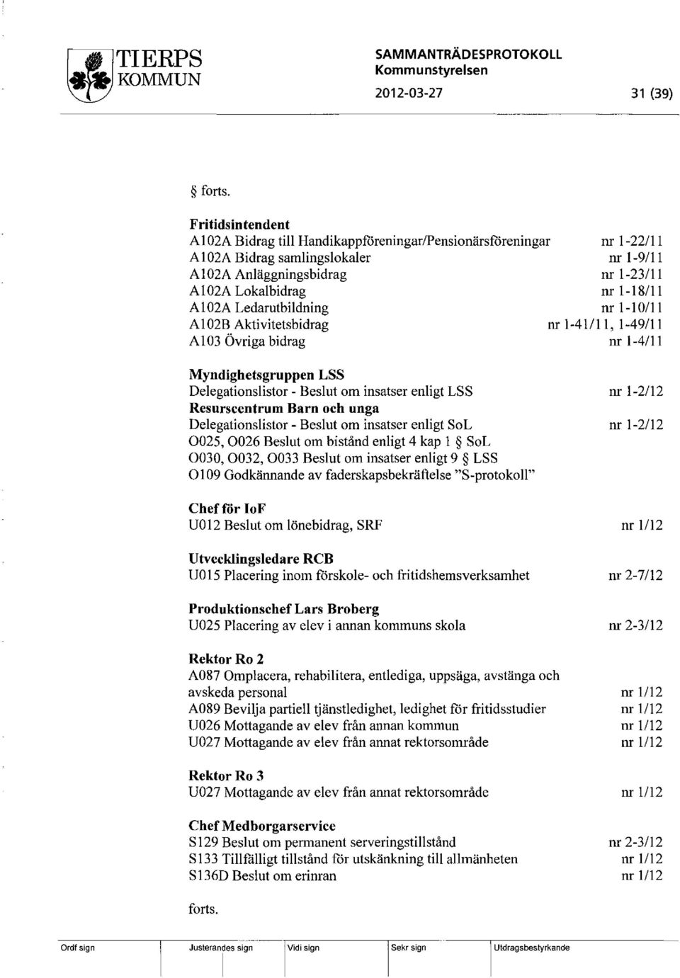 Övriga bidrag m 1-22/11 m 1-9111 m 1-23/11 m 1-18/11 m 1-10/11 m 1-41/11,1-49111 m 1-4/11 Myndighetsgruppen LSS Delegationslistor - om insatser enligt LSS Resurscentrum Barn och unga