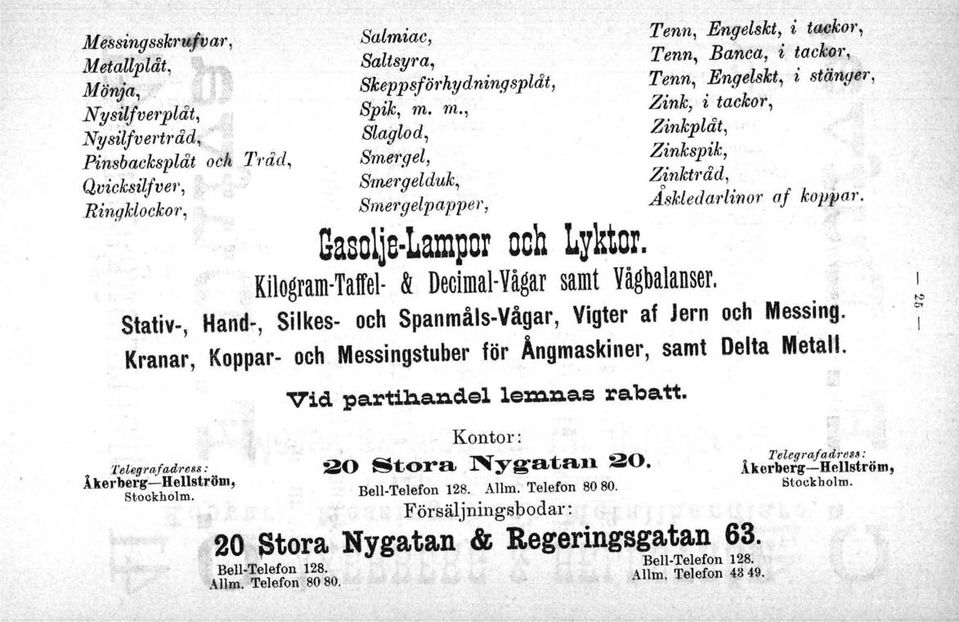 öjnger, Zink, i tackor, Zinkplåt, Zinkspik, Zinkt1'åd, ÅskledarlirlO1' af koppar.,.. Gasolin-Lampor ooh Ly~tor.