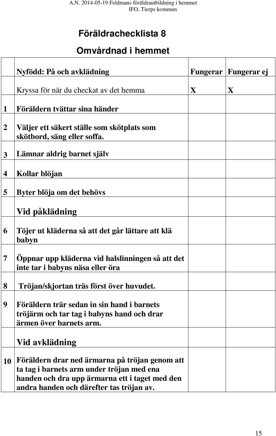 3 Lämnar aldrig barnet själv 4 Kollar blöjan 5 Byter blöja om det behövs Vid påklädning 6 Töjer ut kläderna så att det går lättare att klä babyn 7 Öppnar upp kläderna vid halslinningen så att det