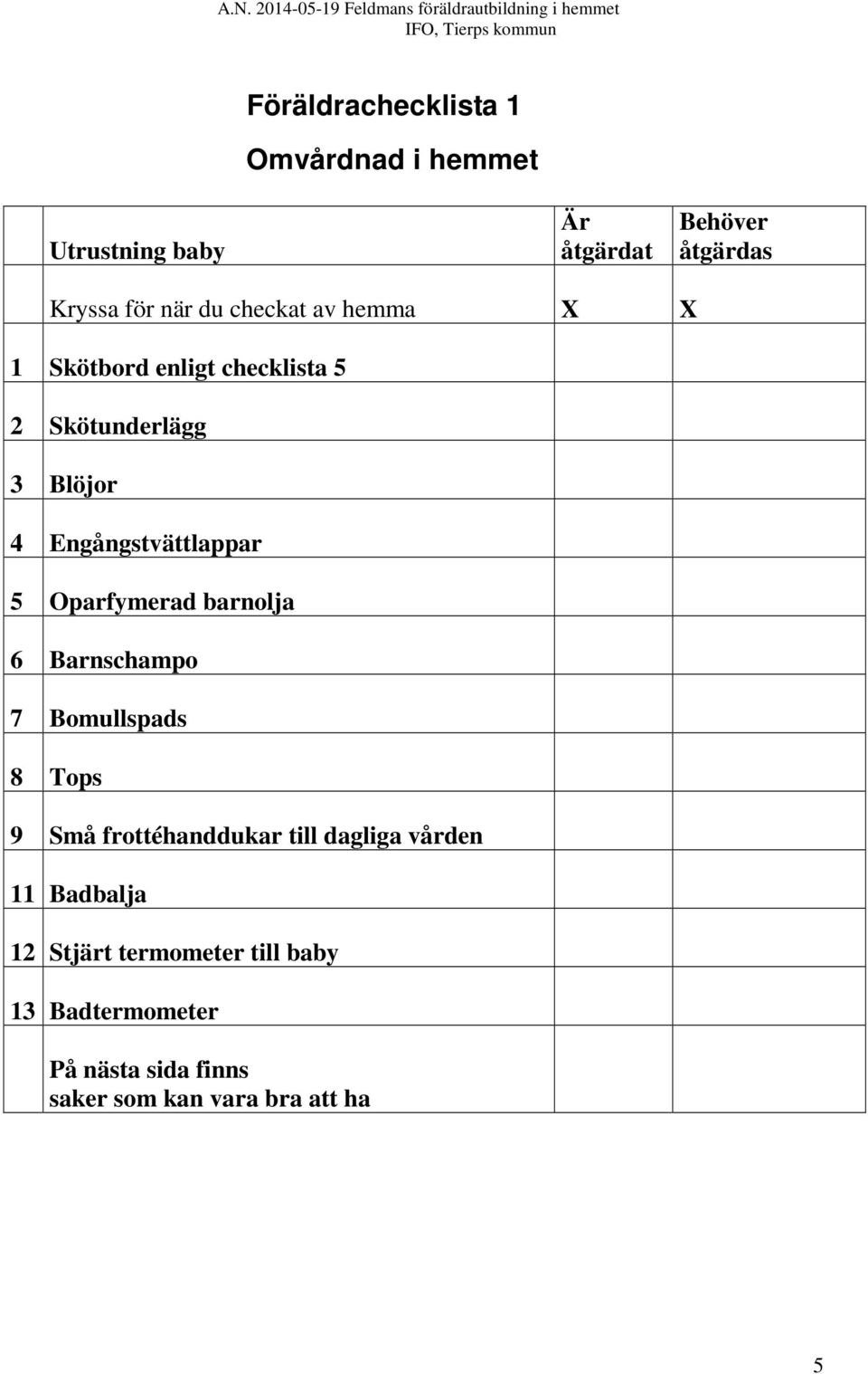 Oparfymerad barnolja 6 Barnschampo 7 Bomullspads 8 Tops 9 Små frottéhanddukar till dagliga vården