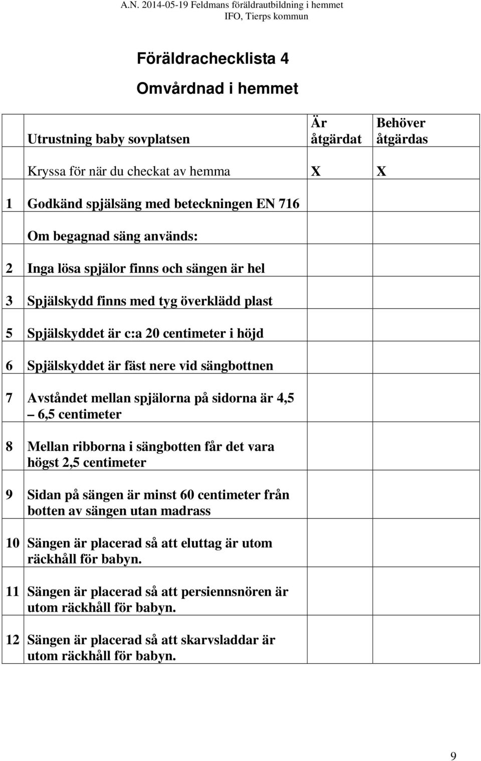 spjälorna på sidorna är 4,5 6,5 centimeter 8 Mellan ribborna i sängbotten får det vara högst 2,5 centimeter 9 Sidan på sängen är minst 60 centimeter från botten av sängen utan madrass 10
