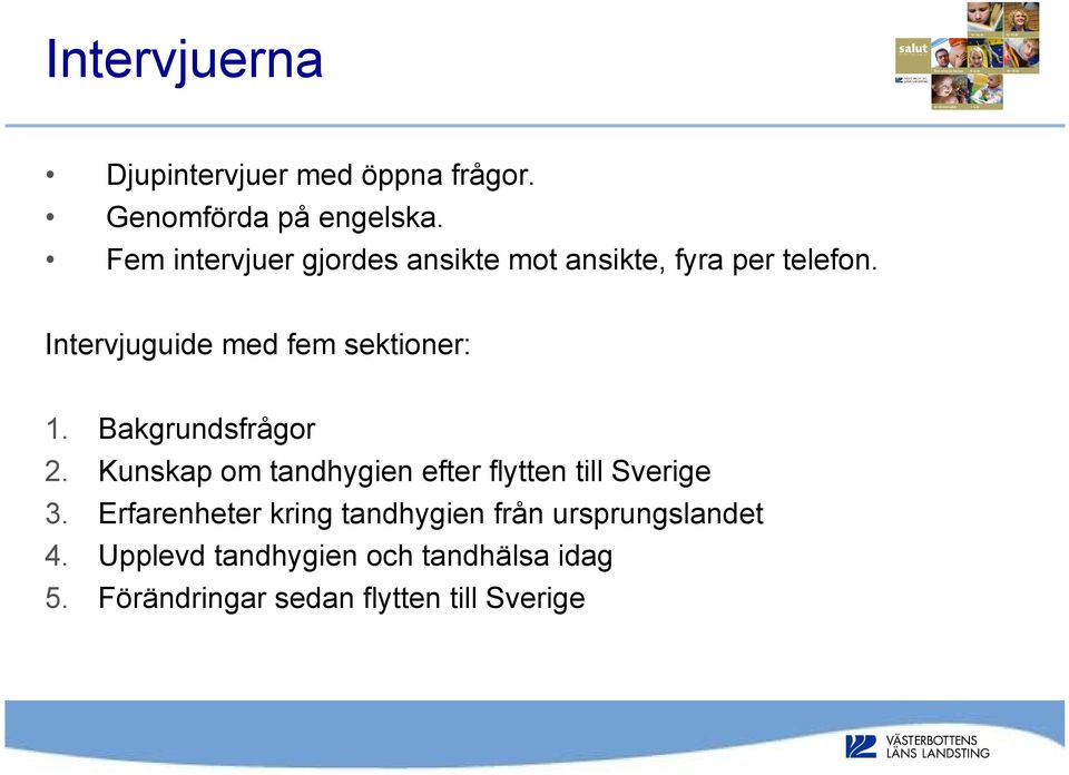 Intervjuguide med fem sektioner: 1. Bakgrundsfrågor 2.