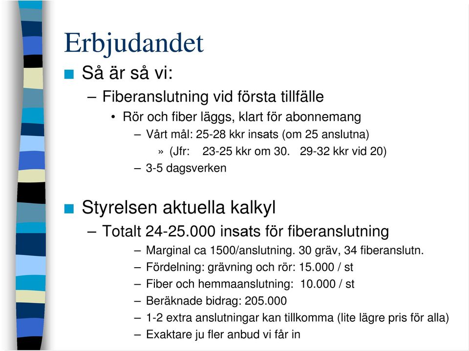 000 insats för fiberanslutning Marginal ca 1500/anslutning. 30 gräv, 34 fiberanslutn. Fördelning: grävning och rör: 15.