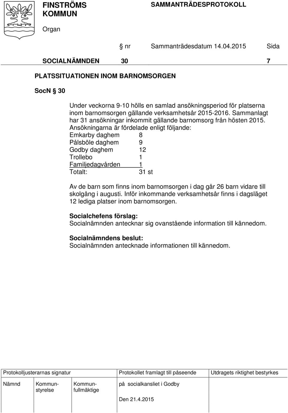 Ansökningarna är fördelade enligt följande: Emkarby daghem 8 Pålsböle daghem 9 Godby daghem 12 Trollebo 1 Familjedagvården 1 Totalt: 31 st Av de barn som finns inom