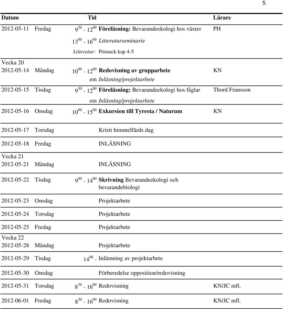 Tyresta / Naturum KN 2012-05-17 Torsdag Kristi himmelfärds dag 2012-05-18 Fredag INLÄSNING Vecka 21 2012-05-21 Måndag INLÄSNING 2012-05-22 Tisdag 9 00-14 00 Skrivning Bevarandeekologi och
