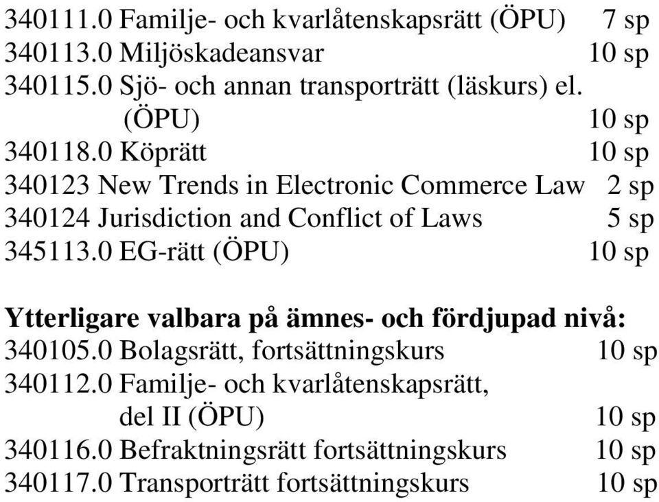 0 Köprätt 10 sp 340123 New Trends in Electronic Commerce Law 2 sp 340124 Jurisdiction and Conflict of Laws 5 sp 345113.