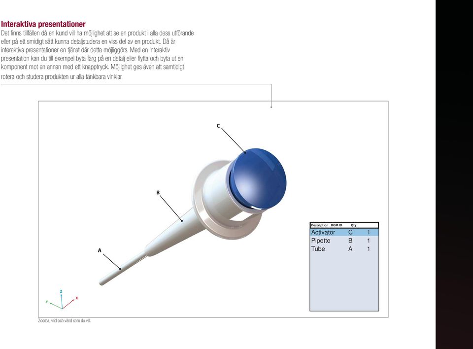 Med en interaktiv presentation kan du till exempel byta färg på en detalj eller flytta och byta ut en komponent mot en annan med ett knapptryck.