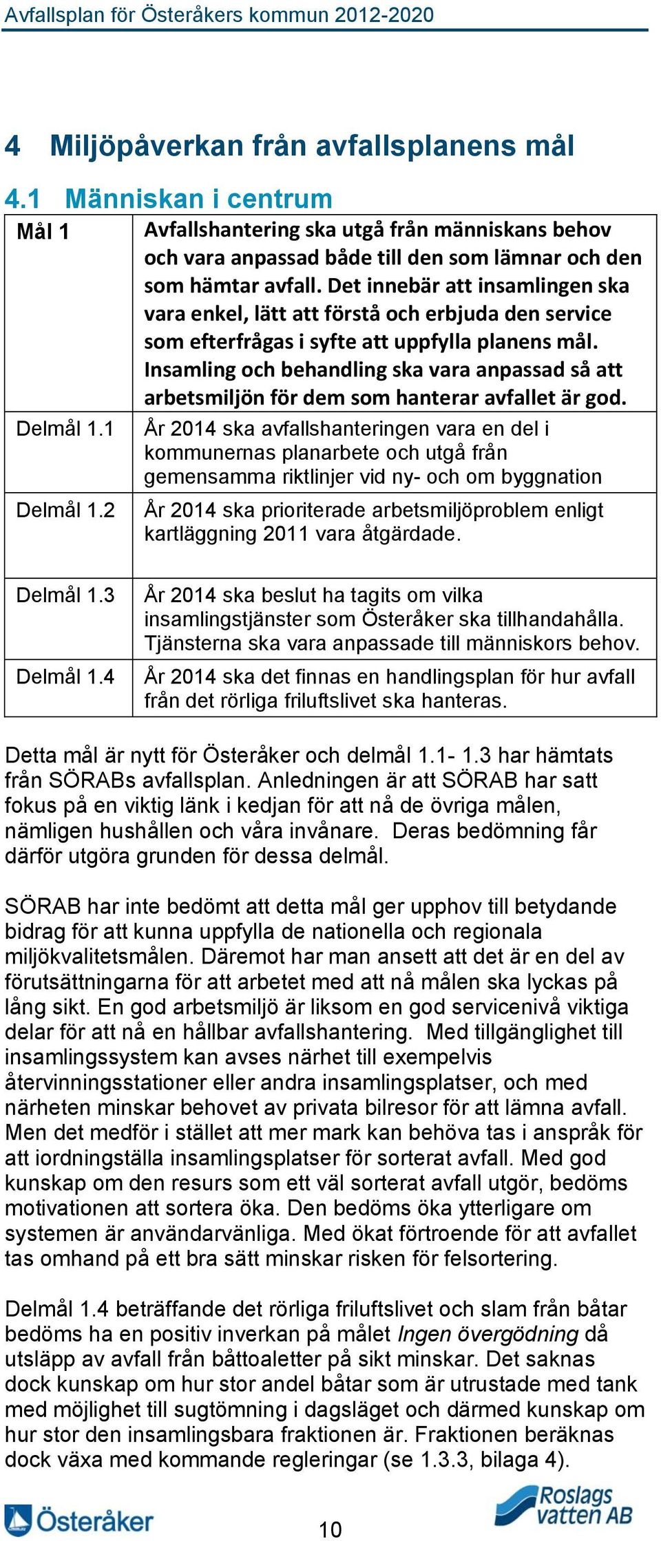 Insamling och behandling ska vara anpassad så att arbetsmiljön för dem som hanterar avfallet är god. Delmål 1.1 Delmål 1.