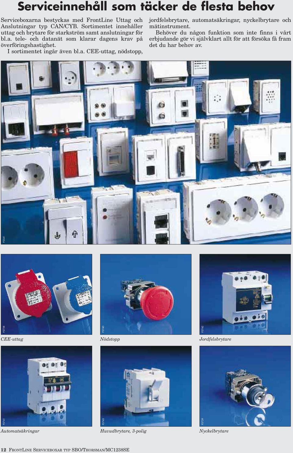 I sortimentet ingår även bl.a. CEE-uttag, nödstopp, jordfelsbrytare, automatsäkringar, nyckelbrytare och mätinstrument.