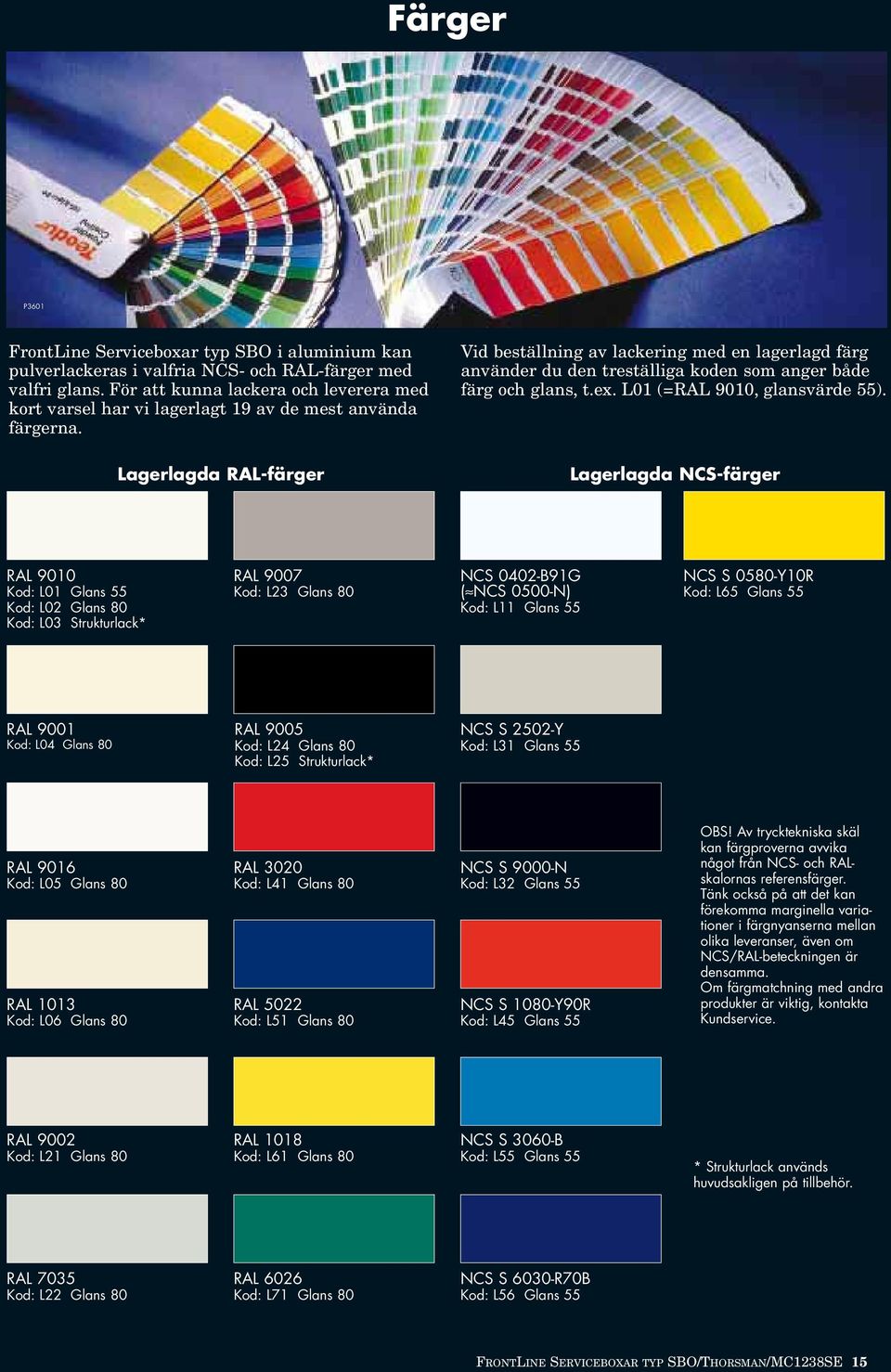 Lagerlagda RAL-färger Vid beställning av lackering med en lagerlagd färg använder du den treställiga koden som anger både färg och glans, t.ex. L01 (=RAL 9010, glansvärde 55).